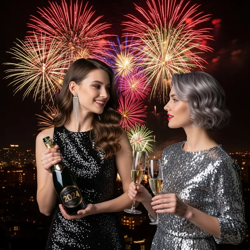 Two Women in Festive New Year Attire, One with Champagne, Other with Wine Glasses Two Women in Festive New Year Attire, One with Champagne, Other with Wine Glasses