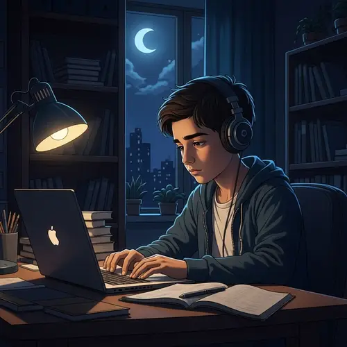 Teenage Armenian Boy Studying Under Moonlight | Tidy Room Ambiance