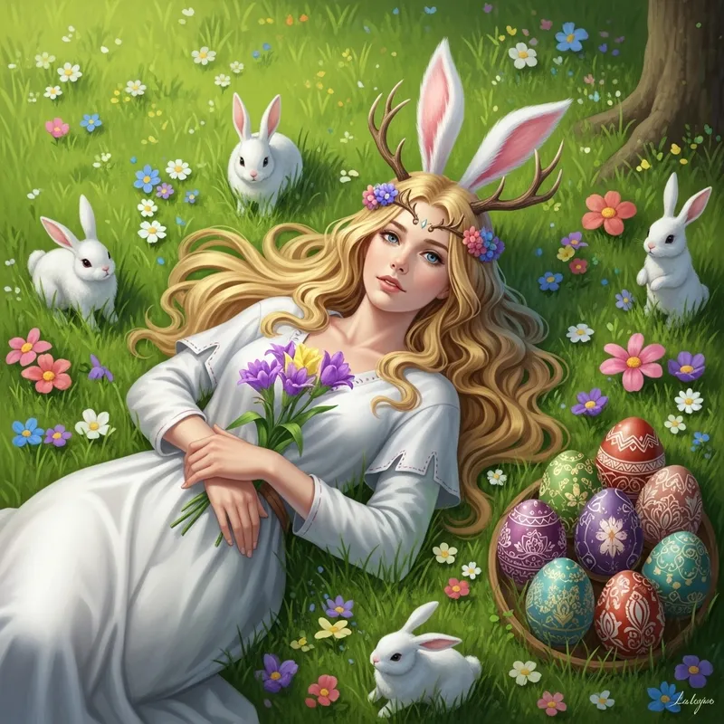 Divine Goddess with Golden Hair, Antlers and Bunny Ears
