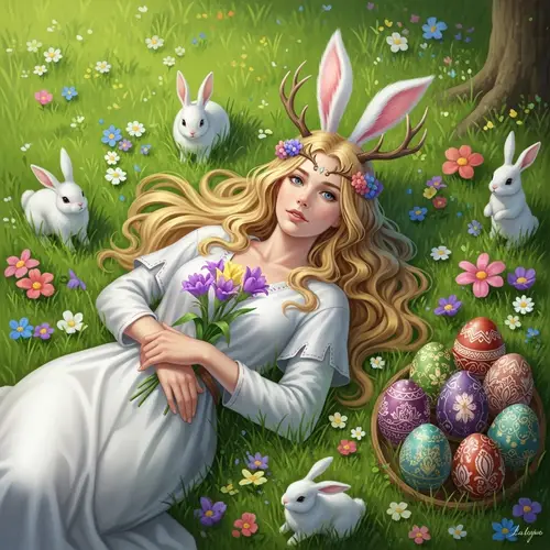Enchanting Goddess with Bunny Ears in Meadow | Ethereal Scene