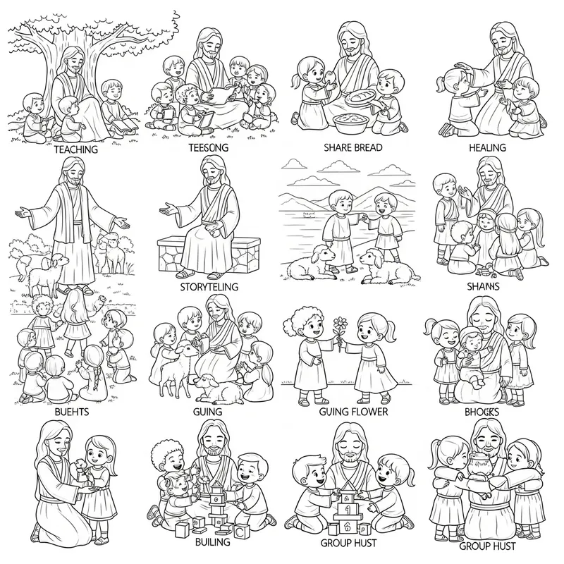 Religious Coloring Pages of Jesus with Diverse Children for Sunday School