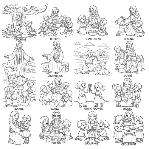 Religious Coloring Book Illustrations of Jesus with Diverse Children