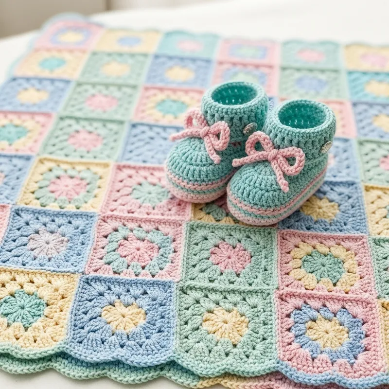 Handmade Crochet Baby Blanket & Booties in Pastel Colors