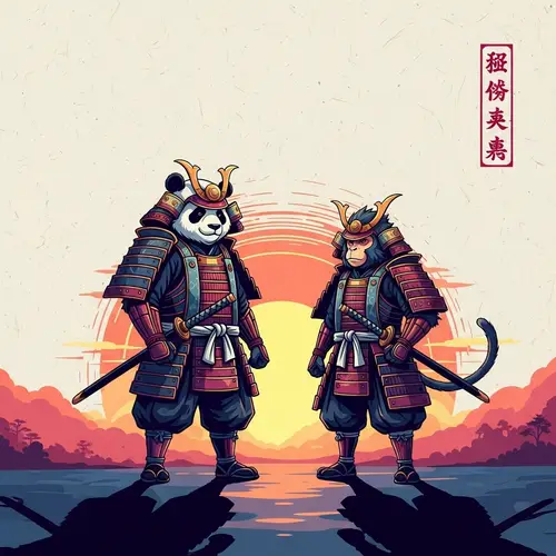 Samurai Panda and Monkey Illustration in Sunset Landscape