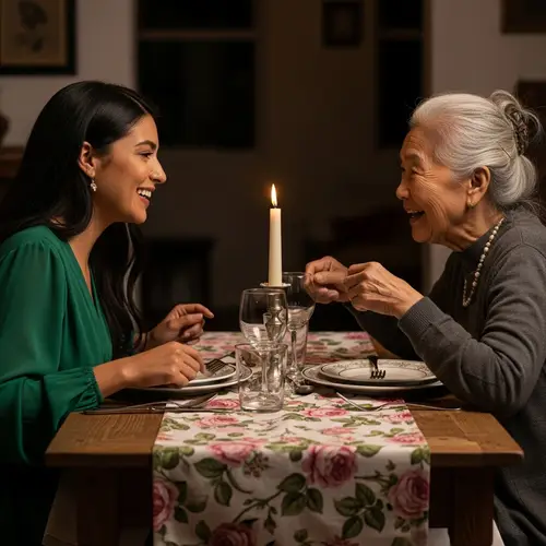 Young Hispanic Woman in Green Dress Dining with Elderly Asian Woman
