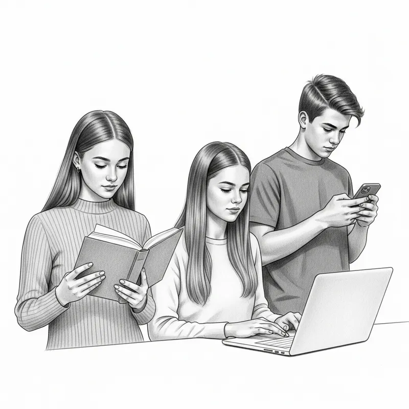 Caucasian Teens Pencil Sketch: Reading & Tech Focus