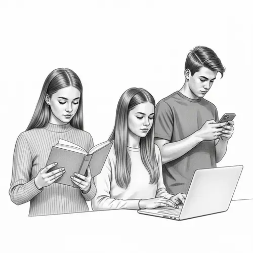 Caucasian Teens Pencil Sketch: Reading & Tech Focus
