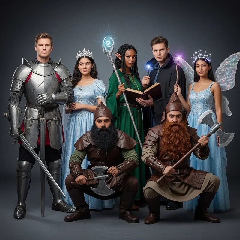 Diverse Fantasy Cosplay Group with Medieval Knight, Princess, Elf, Sorcerer, Dwarf Warrior, and Fairy Costumes