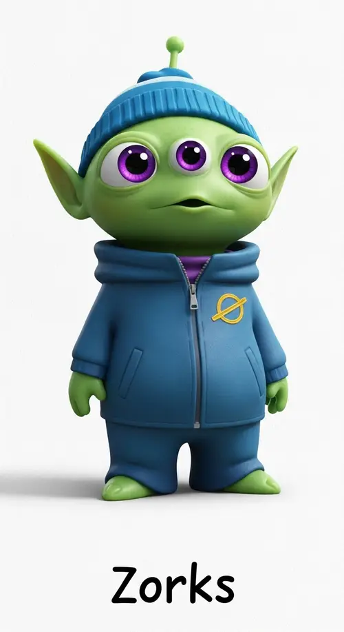 Whimsical Green Alien Character - Meet Zorks