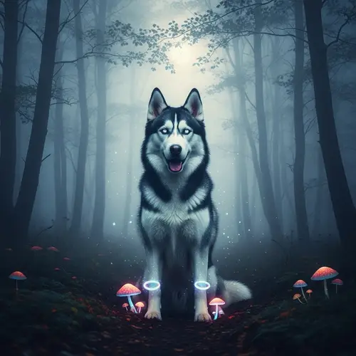 Enchanted Husky in Mystical Forest | Psychedelic Moonlight Scene
