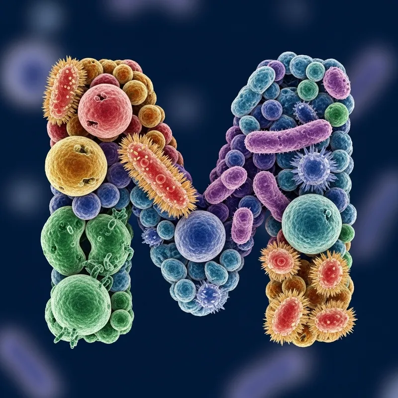 Macro Microscopic 'M' Art: Vibrant Germs Composition with Intricate Details