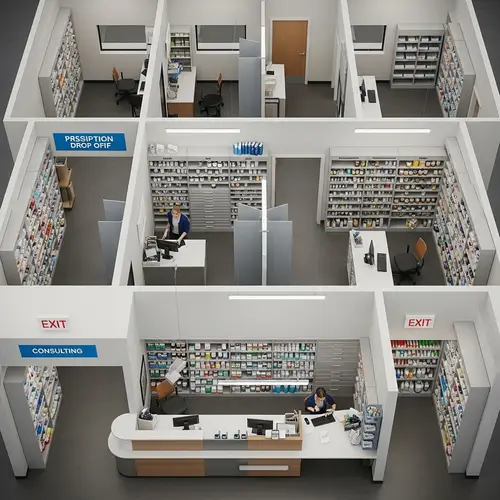 Pharmacy Interior Layout: Drop-off, Workstation, Filling, Consulting, Pick-up & Storage