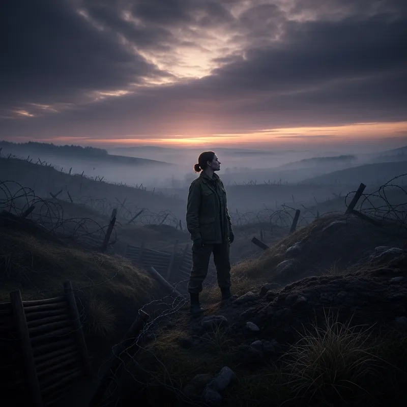 Shadowy Hills at Murky Dawn: Female Figure Rising in Sway