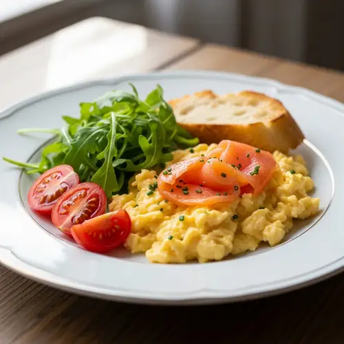 Scrambled Eggs with Salmon, Tomatoes & Arugula