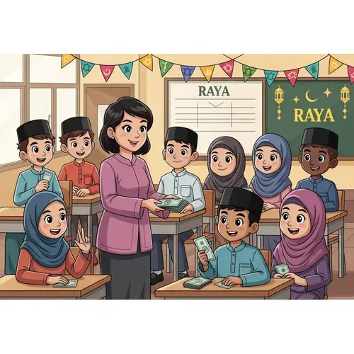 Diverse Students Celebrating Raya with Hijab Teacher