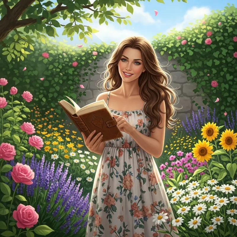 Beautiful Woman with Long Hair in Tranquil Garden | Reading Enthusiast