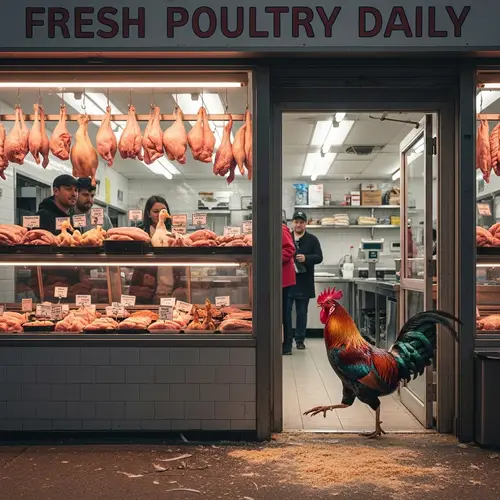 Rooster Entering Poultry Shop
