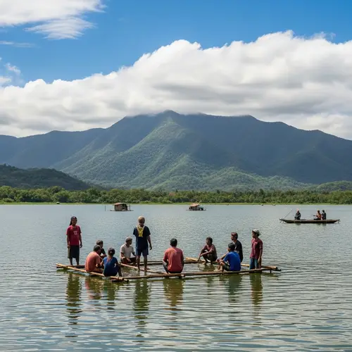 Tranquil Lagoon Home to Indigenous People with Verdant Mountains