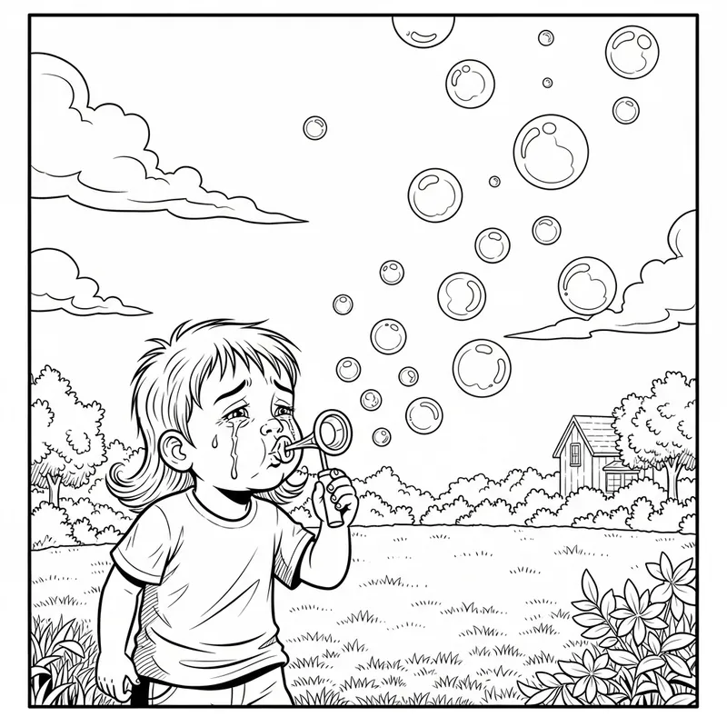 Sad Child Blowing Bubbles - Whimsical Coloring Page Design