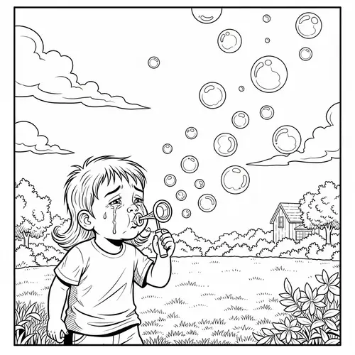 Distraught Child Blowing Bubbles - Comic Strip Style Coloring Page