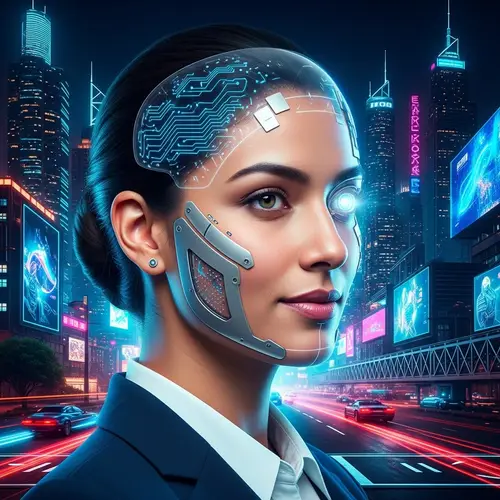 Futuristic Human-AI Profile Picture in Ultra-Modern City
