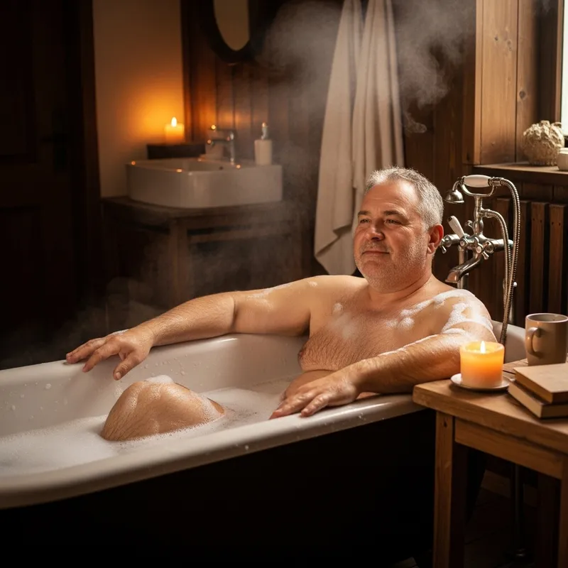 Big Chest, Handsome Mature Man Enjoying Bath in Vintage Tub
