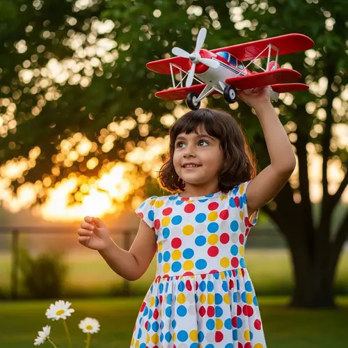 Hispanic Young Child Character in Colorful Dress Playing with Toy Airplane
