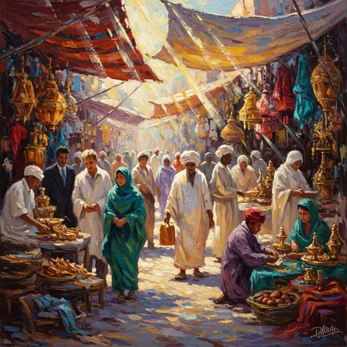 Vibrant Desert Market Scene with Diverse Merchants and Customers