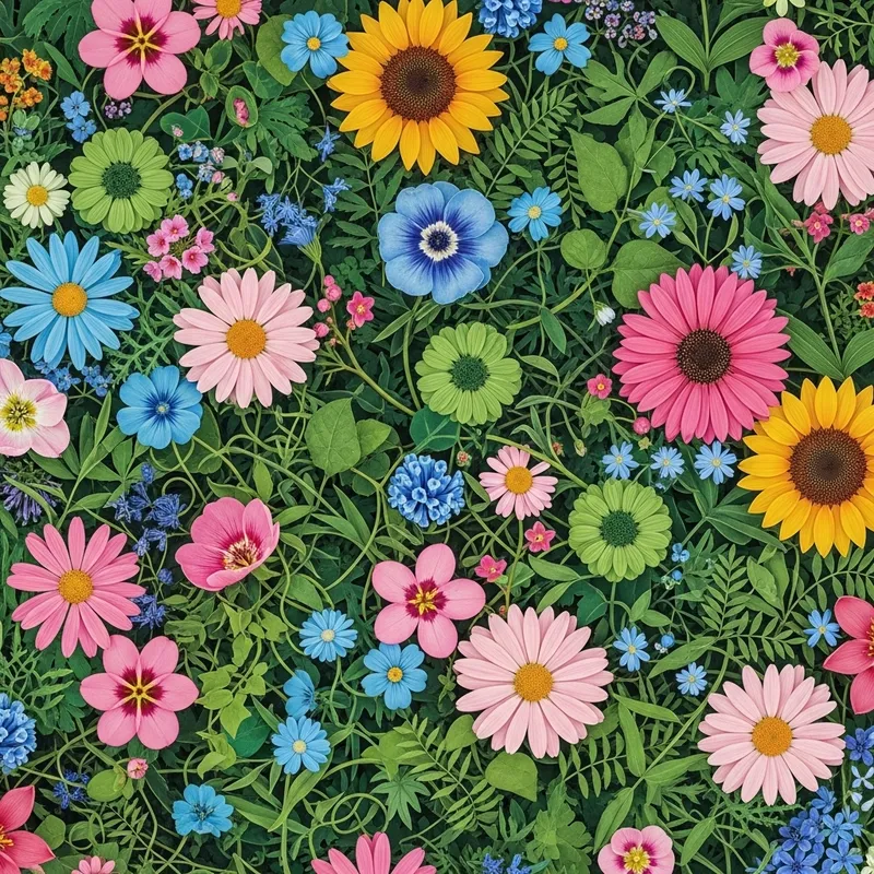 Richly Detailed Floral Background | Vibrant Flowers in Pink, Blue, Green