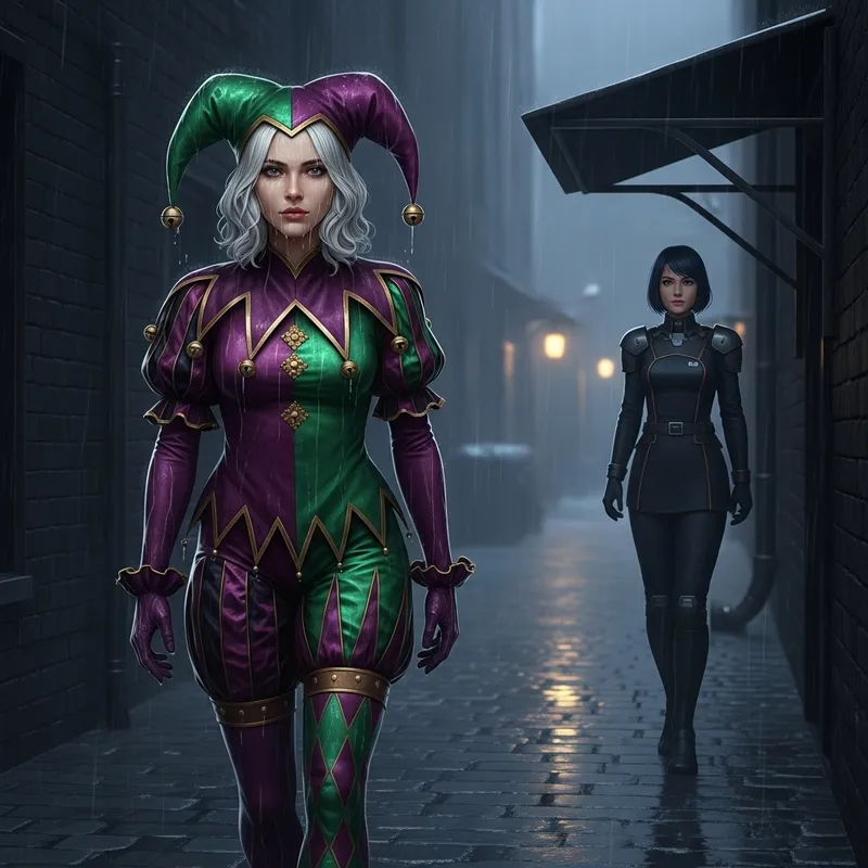 Female Characters in Dark Alley Walking in Rain