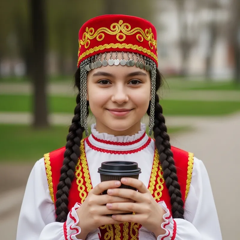 Charming Tatar Girl with Coffee in Traditional Attire