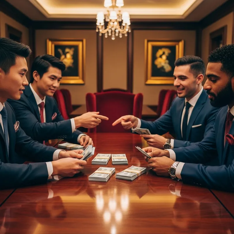 Luxurious Money Exchange: Young Affluent Men Swapping Hundred-Dollar Bills Luxurious Money Exchange: Young Affluent Men Swapping Hundred-Dollar Bills