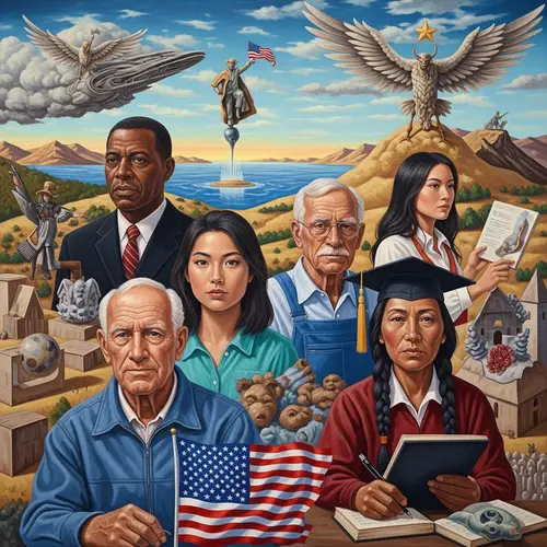 Diverse Group Exploring American Dream | Surrealist Oil Painting