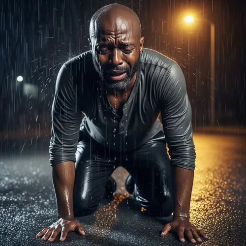 Sad Crying Black Man Kneeling in the Rain