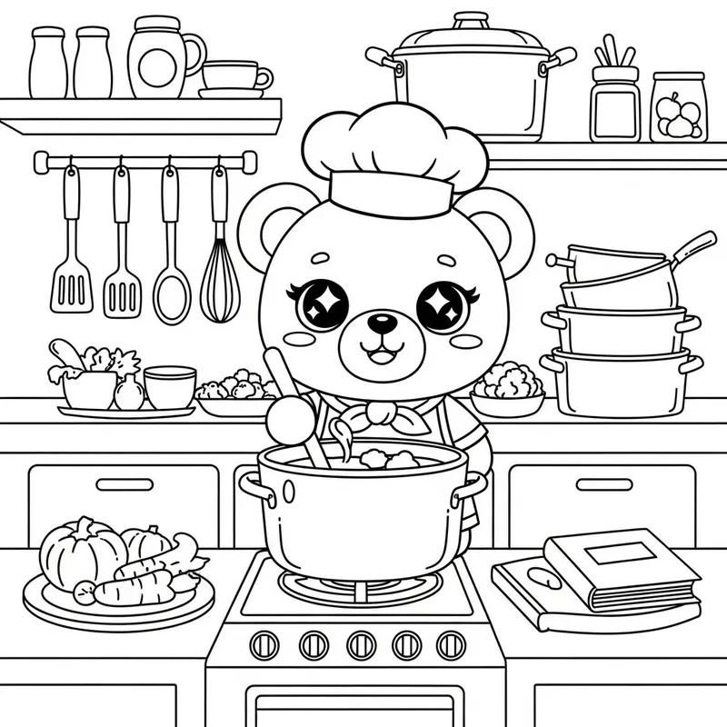 Sweet Bear Cooking in Cozy Kitchen Coloring Book