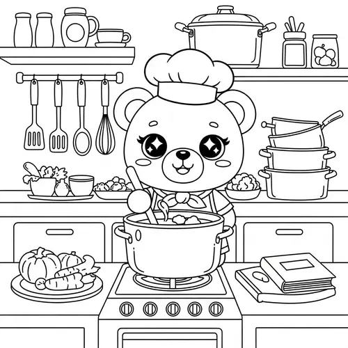 Kawaii-Style Bear Cooking Scene Coloring Book