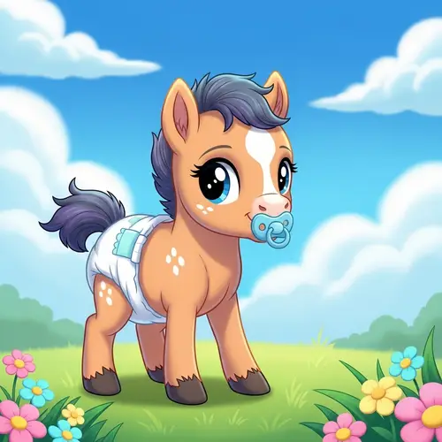 Adorable Cartoon Pony with Diaper and Pacifier | Playful Pony Image