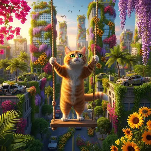 Colorful Cityscape Cat Swing | Lush Vegetation & Flowers