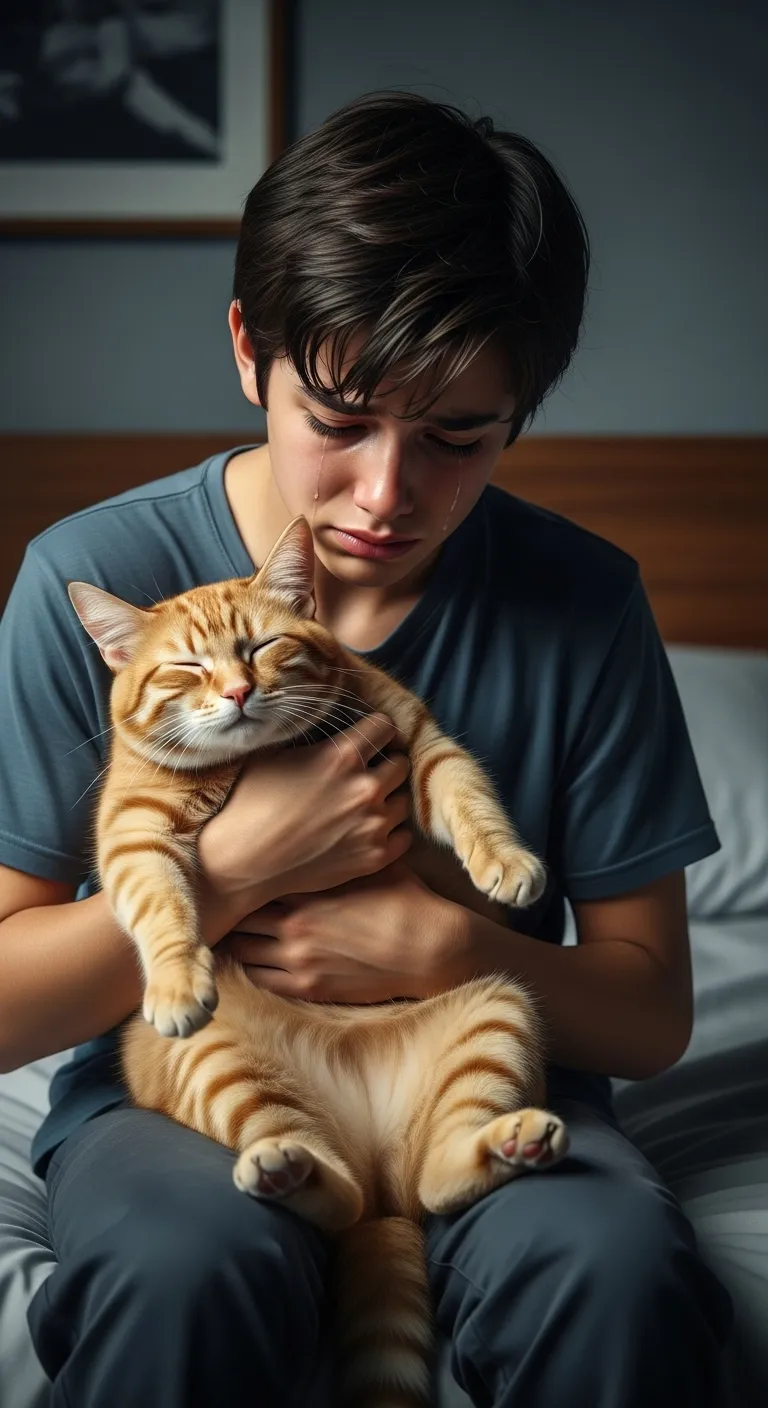Heartfelt Image of a Grieving 15-Year-Old Boy with Beloved Cat Heartfelt Image of a Grieving 15-Year-Old Boy with Beloved Cat