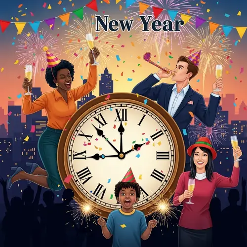 New Year Celebration with Clock Striking Midnight and Diverse Crowd