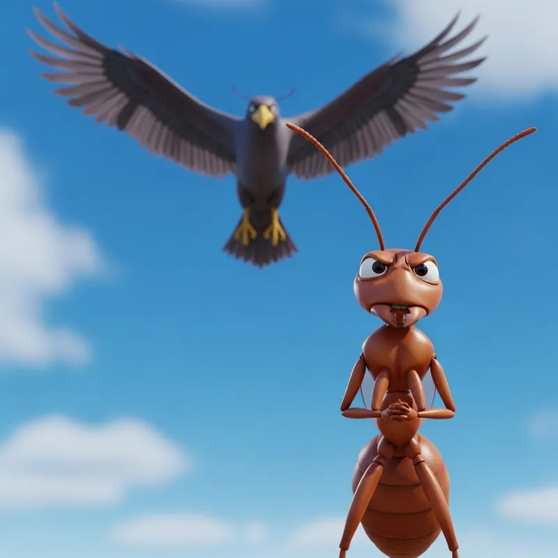 Brave Wingless Ant Faces Giant Bird in Pixar-Style Image