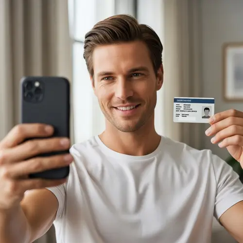Caucasian Male Capturing Selfie with ID in Well-Lit Room