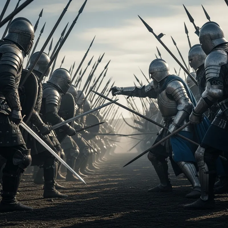Epic Battle: Black vs. Silver Armored Warriors Clash