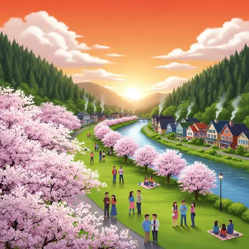 Tranquil Small Town with Cherry Blossom Park & Colorful Houses