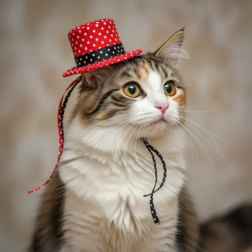 Fluffy Calico Cat Wearing Miniature Top Hat