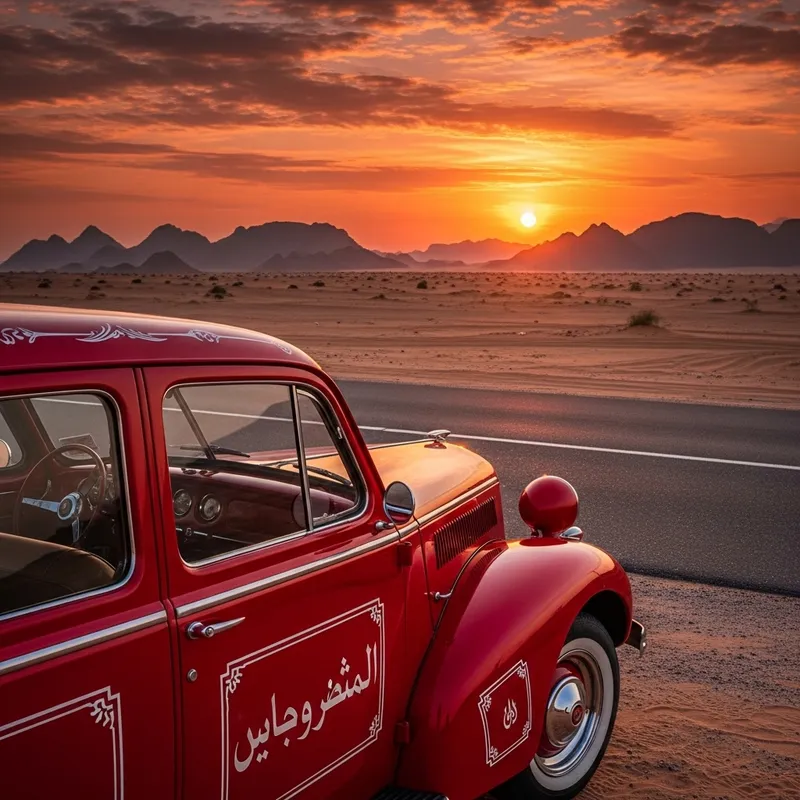 Vintage Arabic Car in Desert Sunset Scene