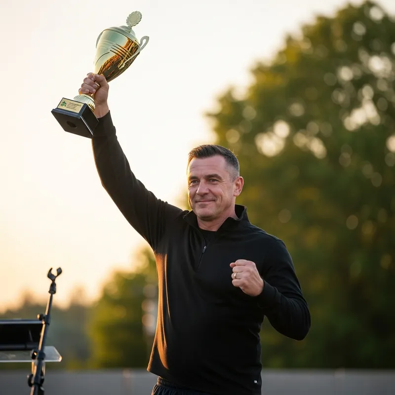 Triumphant Man Lifts Golden Trophy At Sunset