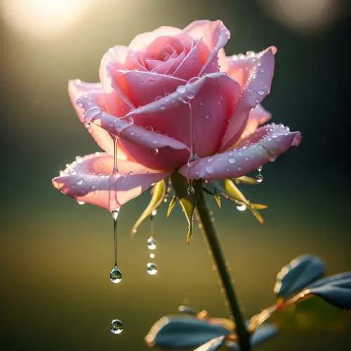 Ethereal Pink Rose Shedding Tears | Poignant Floral Scene