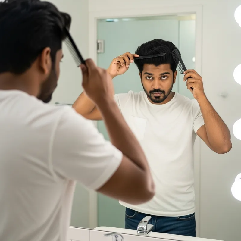 Man Styling Hair in Brightly Lit Bathroom