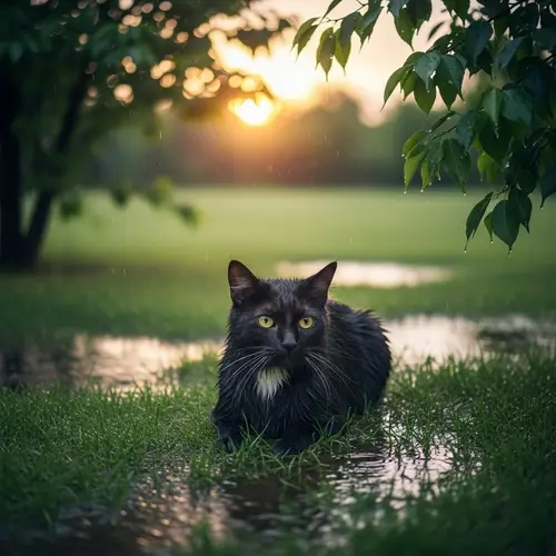Tranquil Wet Cat in Green Clearing